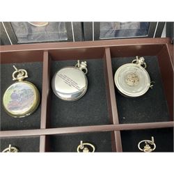 Twenty-three Glory of Steam Atlas Editions silver plated pocket watches, to include The Scottish Horse, Merchant Navy Class, etc, with wood display case, all boxed, twenty one with certificates
