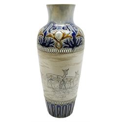 Late 19th century Doulton Lambeth sgraffito vase decorated by Hannah Barlow, of ovoid gently tapering form with short neck, decorated with a central sgraffito band of deer between scrolling borders, with impressed and incised marks beneath including monogram, H27.5cm