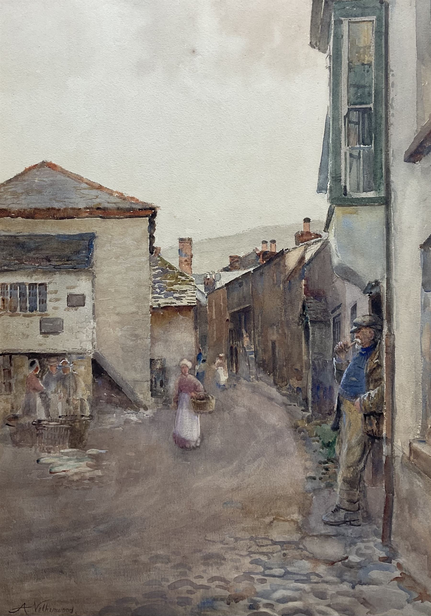 Arthur Netherwood (British 1864-1930): Coastal Village, watercolour signed 51cm x 36cm 