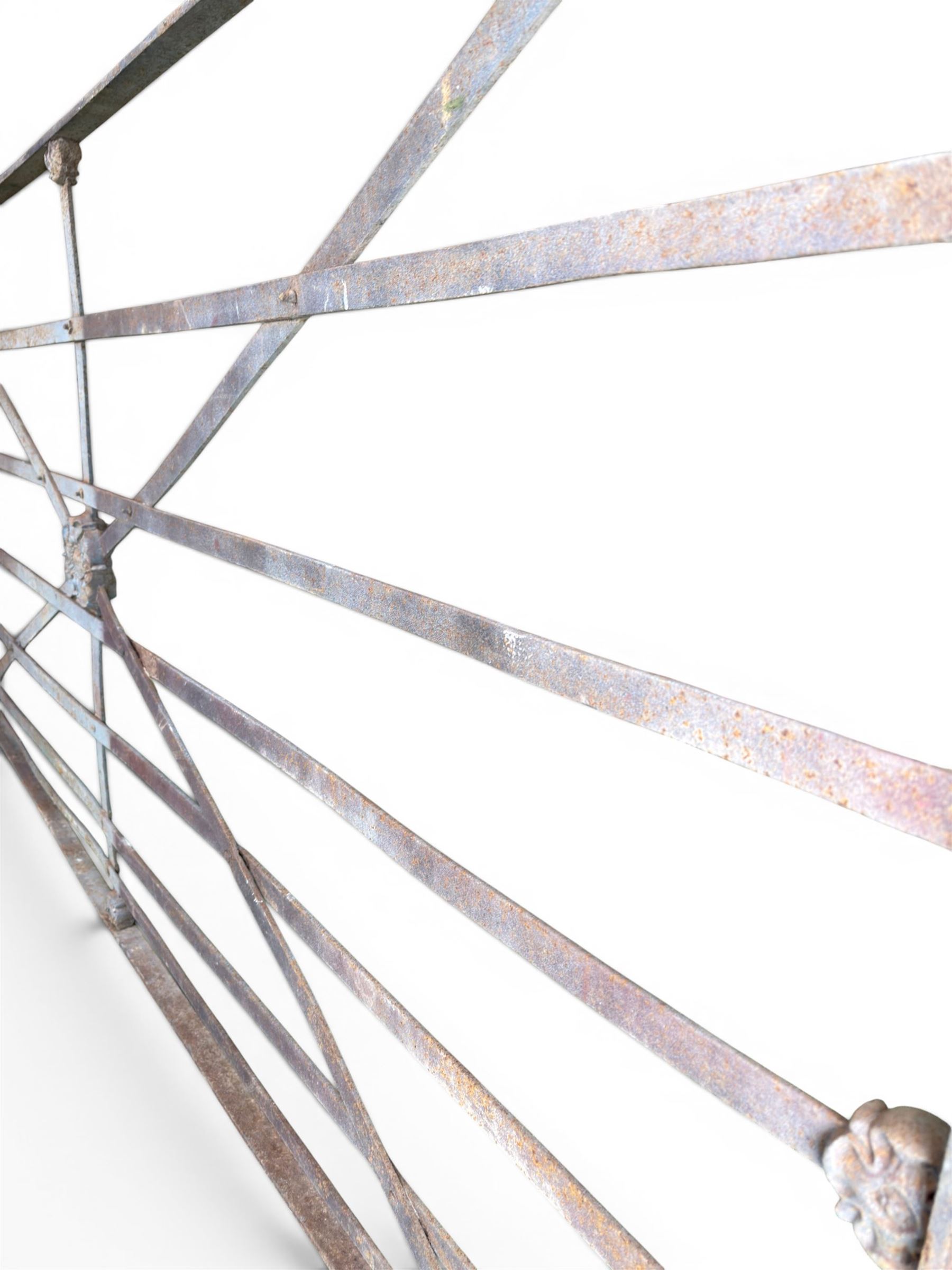 19th century Regency design painted wrought iron country estate gate, strapwork detail with five cast motifs, stamped W & J Rodenhurst, Drayton