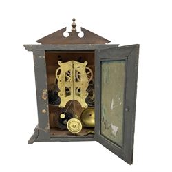 Fattorini of Bradford - oak cased early 20th century mantle clock with alarm, rectangular case with a broken pediment, turned finial and matching carved pilasters to the front, on a broad stepped plinth with a flat base, circular dial with an ivorine chapter within a decorative gilt bezel, Arabic numerals , spade hands and alarm setting disc to the centre, two train spring driven movement striking a coiled gong and bell. With key and pendulum. 