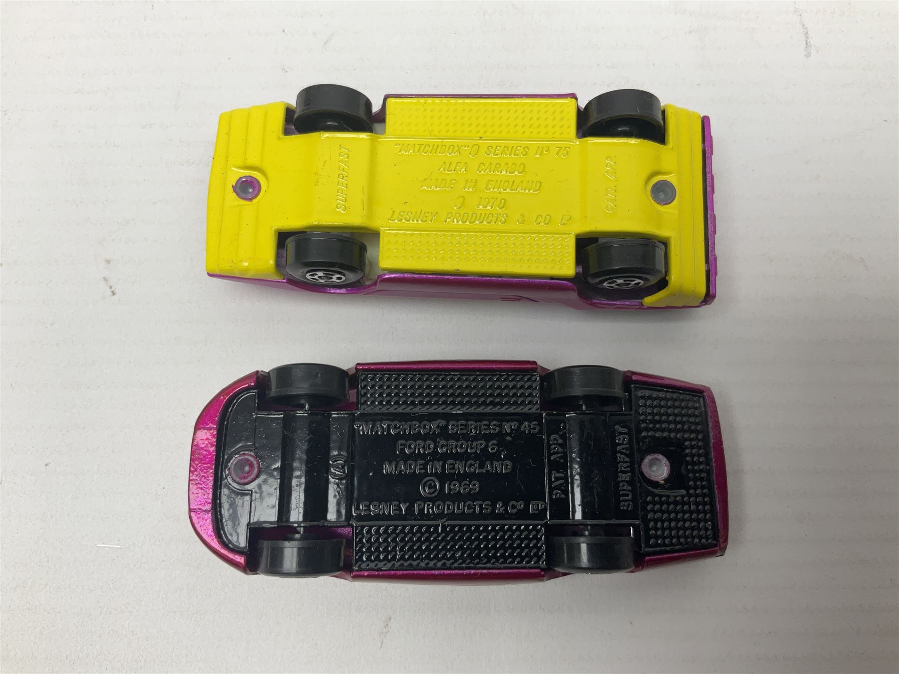 Matchbox 1-75 Series 'Superfast' ex-shop stock - eight models ccomprising 30d Beach Buggy, 41d Siva Spyder, 43d Dragon Wheels, 44d Boss Mustang, 45c Ford Group 6, 51d Citroen S.M., 52c Dodge Charger Mk.III and 75c Alfa Carabo in 39d Clipper box; all boxed (8)