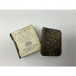 Group of silver, to include filled figure of a pheasant, hallmarked for London, pair of silver mounted horn napkin rings, miniature Edwardian bible with silver cover embossed with putti, Victorian silver brooch, ebonised plinth with applied inscribed silver shields, etc., together with two stick pins, one example with 9ct gold terminal 