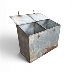 Early 20th century galvanised two division feed bin, sloped top