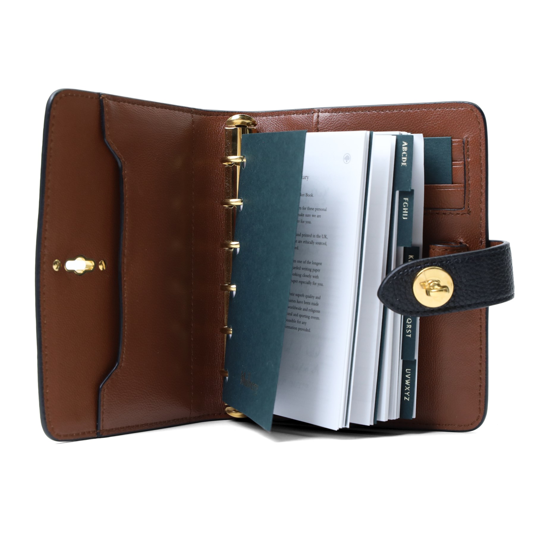 Mulberry - Postman’s Pocket Book, black small classic grain leather, with gold-tone Postman’s Lock fastening, six-ring binder and tan fitted interior with pen holder, with original Mulberry product tag