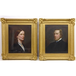  Portrait of a Lady and Gentleman, pair of Victorian over painted prints in gilt frames overall 73cm x 63cm (2)  
