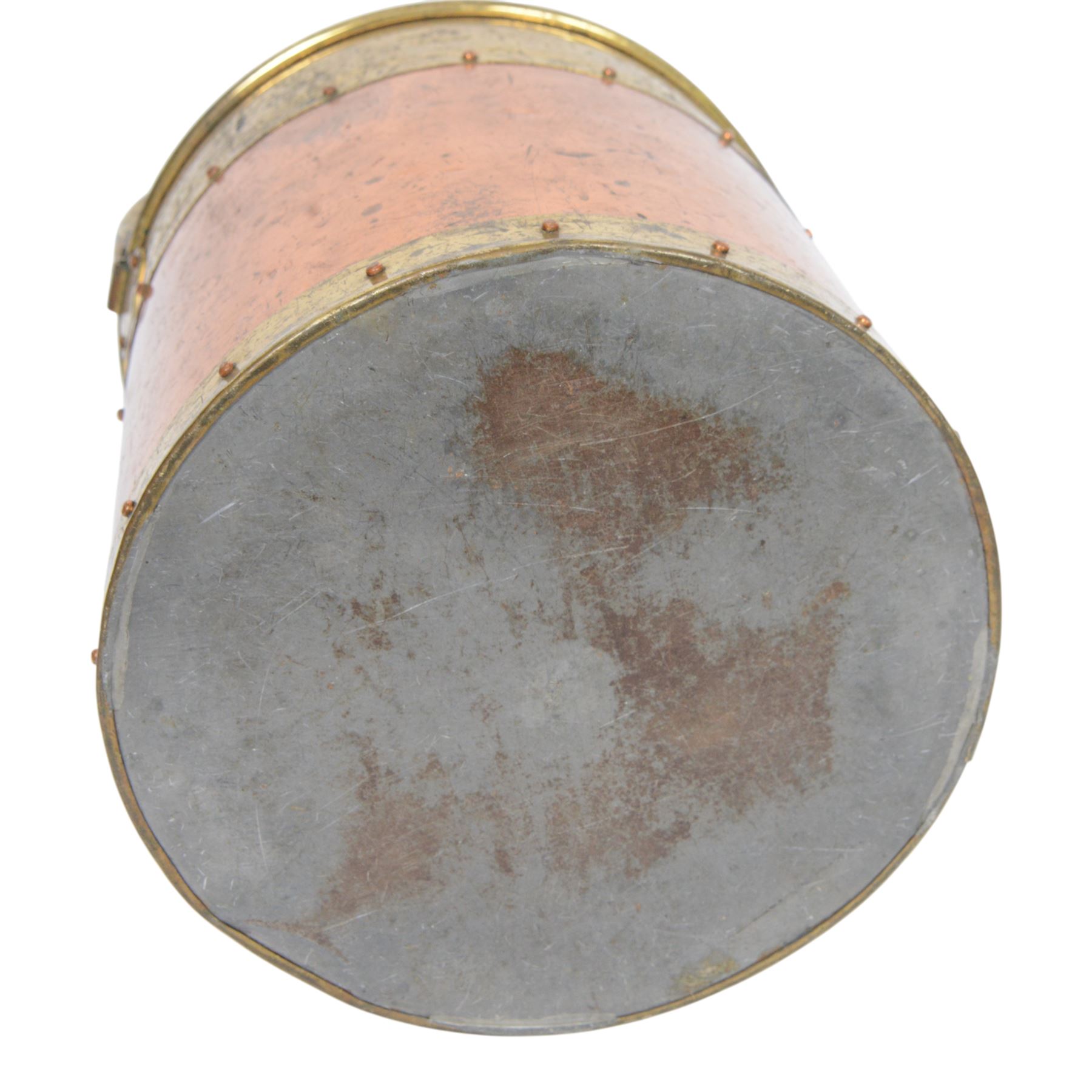 19th century rivetted copper and brass coal bucket  with swing handle, H30cm, D32cm