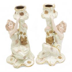 Ernst Wahliss for Turn Wien Austrian Art Nouveau dressing table set, comprising tray, pair of trinket boxes, ring tree and a pair of candle sticks, decorated with maidens and stylised flowers, tray unmarked, tray 42.5cm x 24cm