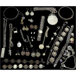 Pair of 9ct gold pendant earrings and collection of early 20th century and later stone set silver and silver jewellery including 1976 Montreal Olympic 10 dollars coin, loose mounted in pendant necklace, marcasite wristwatch, Swedish ring, hinged bangles, coin bracelets, etc, all hallmarked or tested