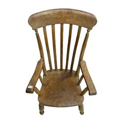 19th century elm and beech farmhouse armchair, high lath back over shaped saddle seat, scrolled arm terminals over ring turned spindle supports, raised on turned supports united by double H-stretcher