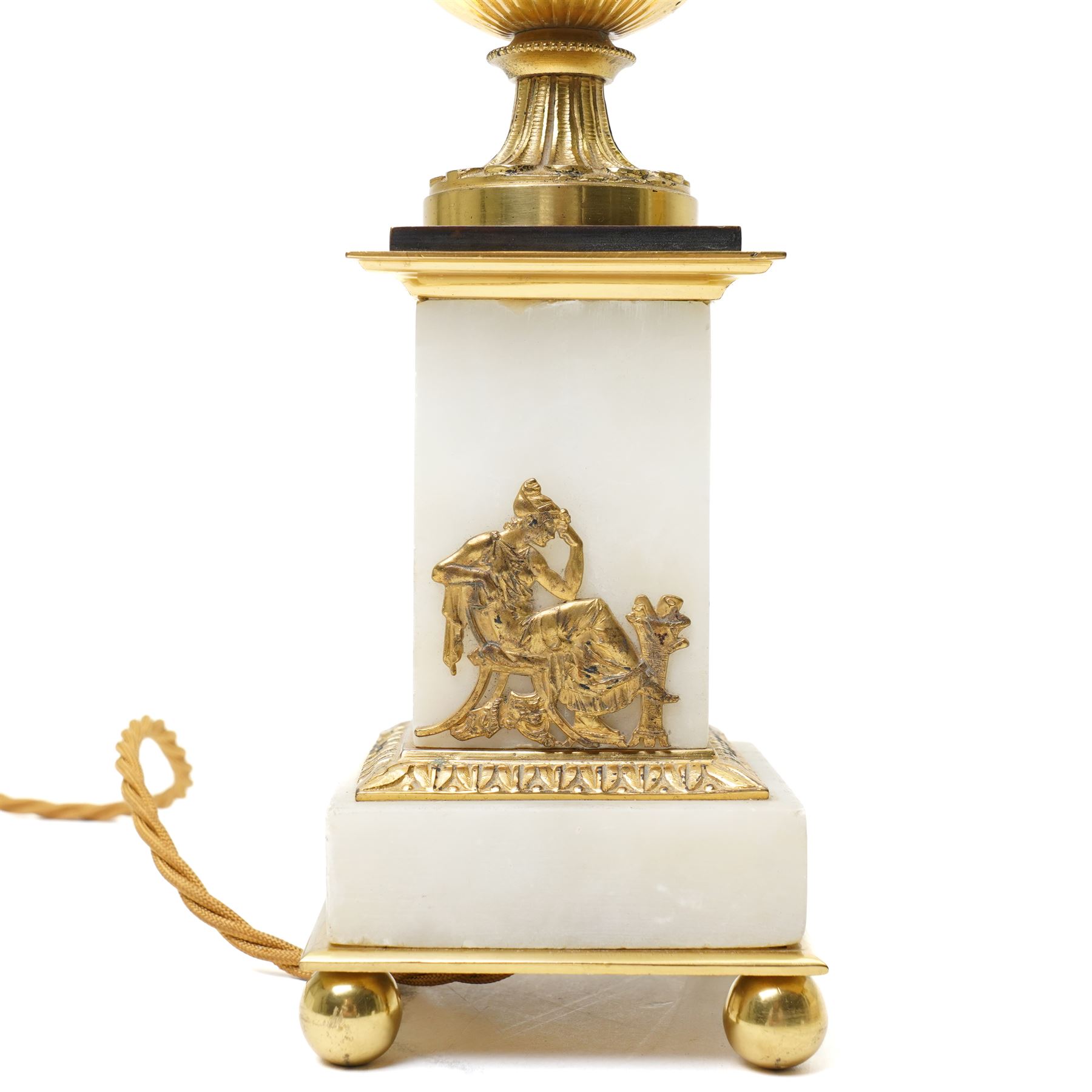 Pair of early 20th-century Neoclassical lamp bases in gilt bronze and alabaster, each decorated with classical figural reliefs celebrating the arts, each of baluster form, the alabaster bodies applied with finely cast gilt-bronze scenes including a seated painter at an easel, a sculptor at work, and allegorical female figures with musical  and theatrical motifs, mounted on square alabaster plinths with gilt-bronze borders and raised on bun feet, the domed shoulders enriched with laurel-leaf mouldings, H42cm 