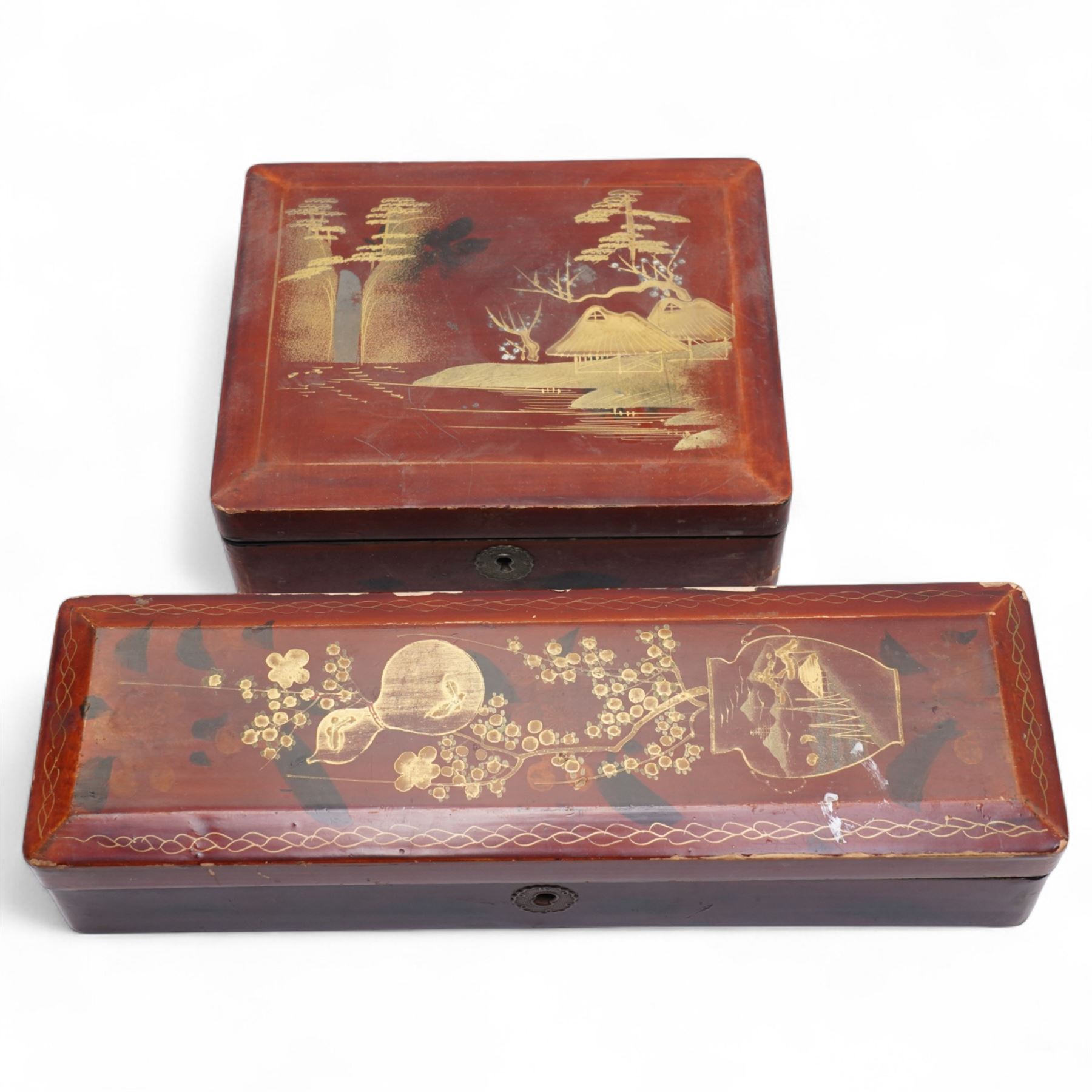 Chinoiserie black and gilt lacquer box decorated with figures and landscapes W28cm and five other various lacquer boxes (6)