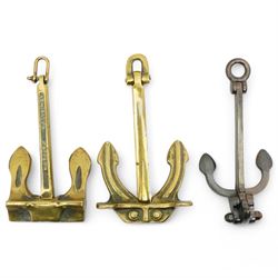 Three miniature anchor models, Admiralty and Hall Pattern and one other, largest H17cm (3)