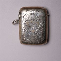 Edwardian engraved silver visiting card case Birmingham 1902 Maker Arthur Cook, silver cheroot case Birmingham 1906 Maker John Thompson & Sons, small silver sweetmeat dish, pair of shell salts, vesta case and a Norwegian silver fork by Th. Marthinsen