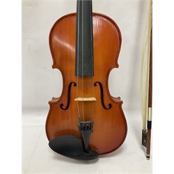 Two contemporary 3/4 violins including a Stentor student with a maple back and ribs and spruce top, both with cases and bows Length 60cm