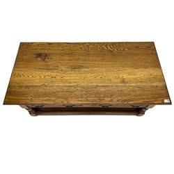 Rectangular oak coffee table, fitted with two drawers turned supports joined by undertier 