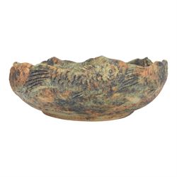 Studio pottery bowl, textured bowl with fish to the rim, with indistinct potters mark to base, H14cm, 38cm
