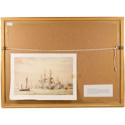 David C Bell (British 1950-): 'True Briton off Wapping c1867', watercolour signed, titled verso 38cm x 63cm
Notes: The True Briton was built in 1861 for R Wigram & Sons at the famous Blackwall Yard on the Thames. The third ship of that name, this wood-built passenger ship, 1046 tonnes and 195 feet in length, was the final development of the 'Blackwall' or more accurately 'frigate-built' ship, made famous by the Honourable East India Company, of which the Wigram and Greene Yards at Blackwall built so many. Seen here leaving Wapping for a passage to Australia the True Briton was last owned by John Smith of London and ended her days as a coal-hulk. 