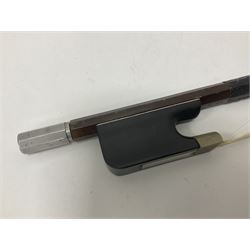 Wooden double bass bow with a mother of pearl inlay to the frog Length 71cm