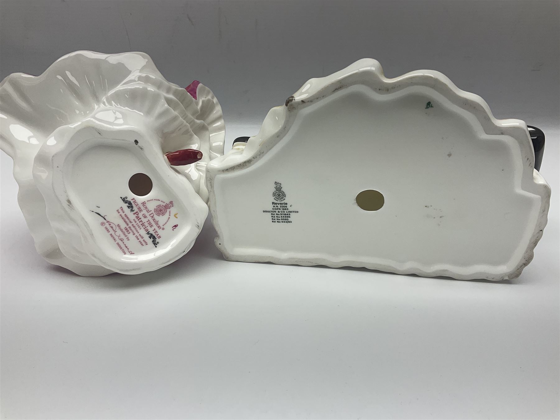 Six Royal Doulton figures, comprising Romance HN2430, Sarah HN3978, Rachel HN3976, Patricia HN3365, Elizabeth HN4426 and Reverie HN2306, all with printed mark beneath  