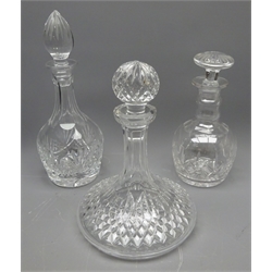  Waterford Lismore pattern ships decanter, Stuart crystal mallet shaped decanter and another (3)  