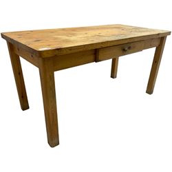 Solid pine farmhouse design kitchen table, rectangular top over single drawer, on square supports 