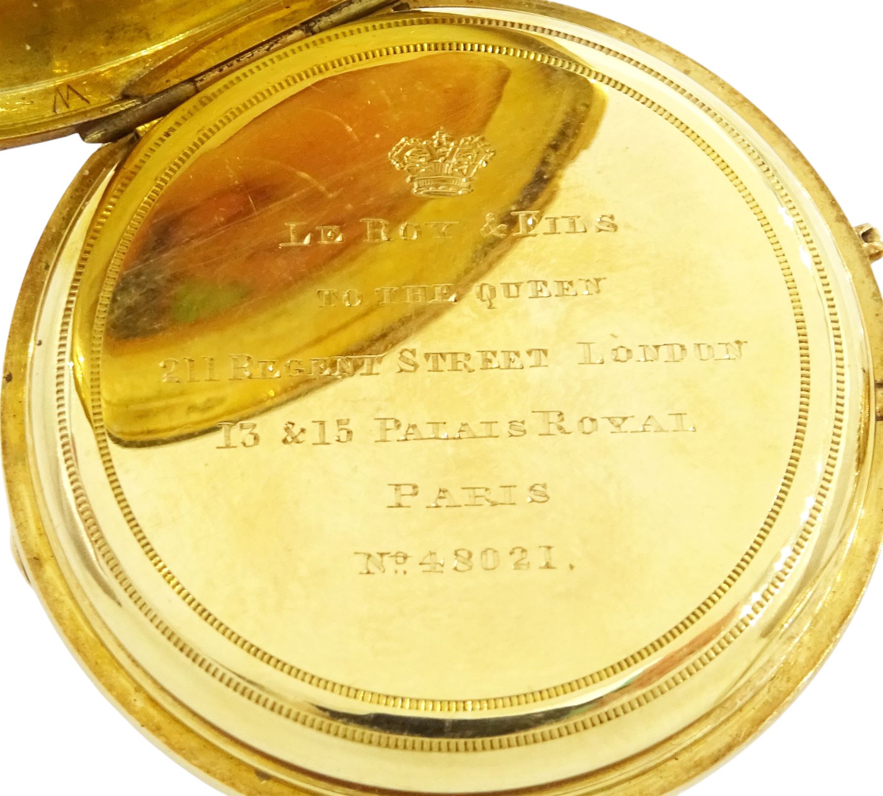 Victorian 18ct gold half hunter keyless lever pocket watch by Le Roy et Fils, Paris, No. 48021, white enamel dial with Roman numeral hour markers, back case monogrammed with initials, the 'B' with blue enamel, case stamped 18K