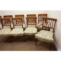  Set ten (8+2) Georgian inlaid mahogany dining chairs with serpentine front leather upholstered seats, turned tapering supports, W54cm  