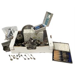 Quantity of silver thimbles and teaspoons, various hallmarks and stamps, and a quantity of other silver plate and metalware