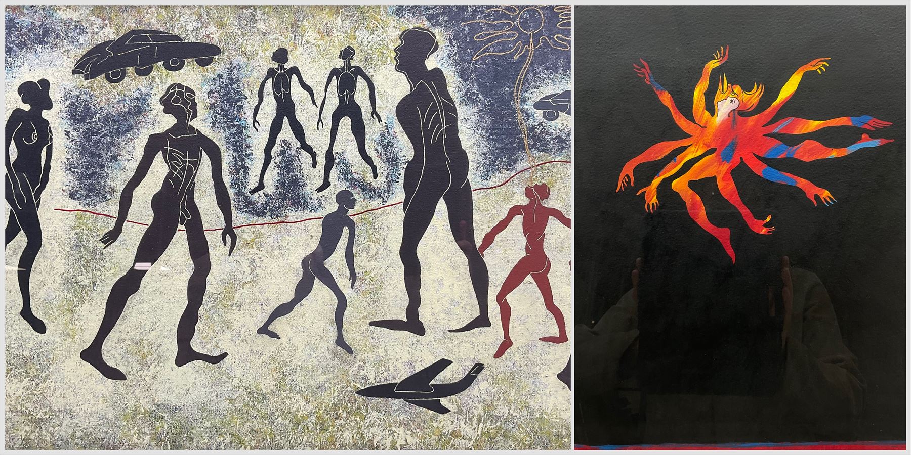 Phil Redford (British 1943-): 'Sun Singer', acrylic on canvas unsigned, titled and dated 1994 verso, 43cm x 71cm; 'Firebird', mixed media unsigned, titled and dated 1991 verso 33cm x 25cm (2)