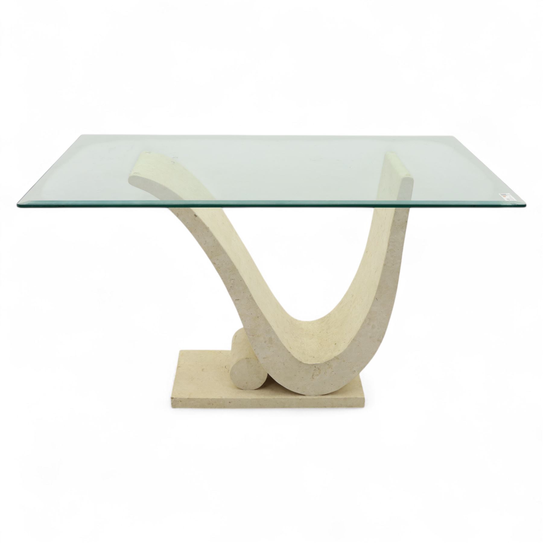 Contemporary sculptural stone-effect console table with bevelled glass top 