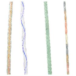 Four Victorian glass walking canes, to include two 'frigger' examples, one with blue twist design and two 'hundreds and thousands' examples, one with a knop finial and filled with micro beads, longest L105cm