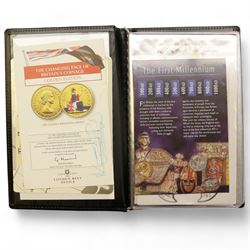 Mostly commemorative coinage, including various Queen Elizabeth II crowns, The Royal Mint United Kingdom 1999 silver proof five pounds, Canada 1999 one ounce fine sliver five dollars, Bermuda 2000 two dollars, Guyana 2000 two-thousand dollars, New Zealand 2000 ten dollars etc, housed in a coin display case and loose