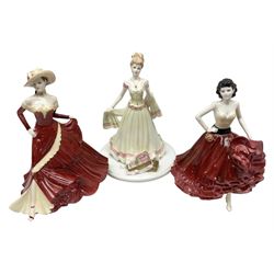 Three Coalport figures, comprising Ladies of Fashion Patrica, limited edition, Ladies of Fashion Marilyn and Language of Flowers I'll Never Forget You - Pink Carnation, all with original boxes, largest example H24cm  