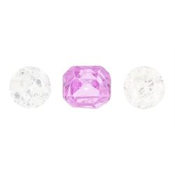 Loose octagonal cut pink sapphire stone of 0.44 carat, with World Gemological Institute report and two loose round brilliant cut diamonds of approx 0.35 carat total weight