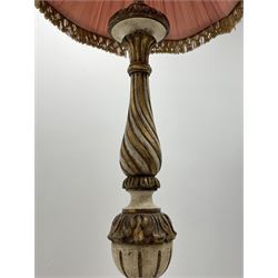 Late 20th century parcel gilt standard lamp, twist column with carved leaf decoration, on three scrolled leafage supports, with shaped pink shade, H144cmm (height excluding light fitting and shade)