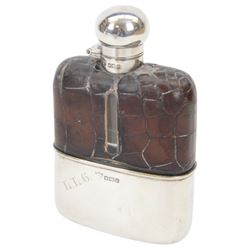 Edwardian silver mounted hip flask, the glass body overlaid with crocodile effect leather, with silver collar, cap and removable cup engraved with initials, all hallmarked G & J W Hawksley, Sheffield 1907, H13cm