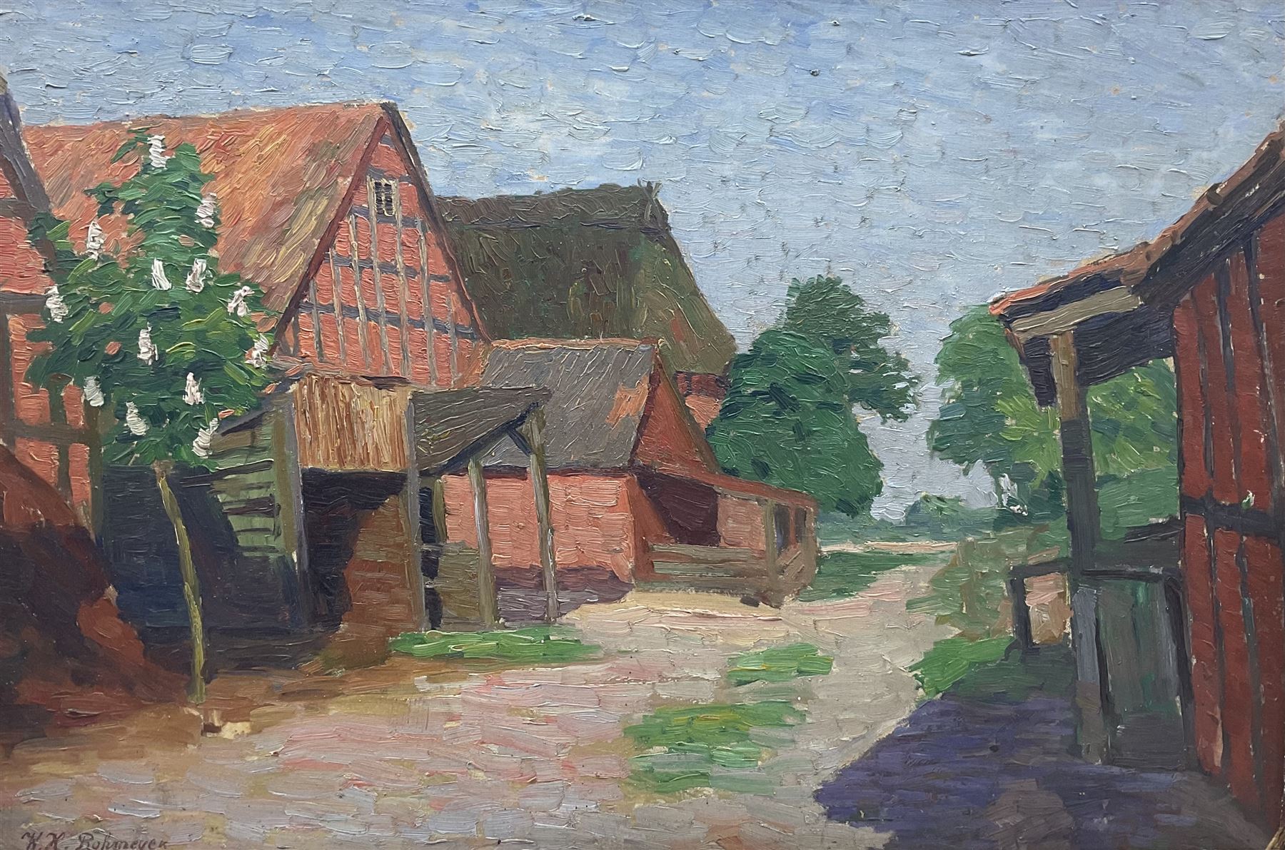 Wilhelm Heinrich Rohmeyer (German 1882-1936): 'Fischerhude' - Bremen Germany, oil on board signed, titled on label verso 41cm x 61cm