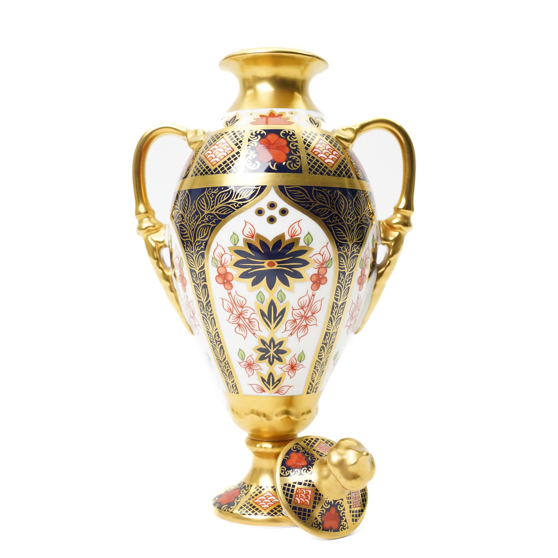Royal Crown Derby Imari 1128 pattern, Tissington vase and cover, with printed mark beneath and original box, H21cm