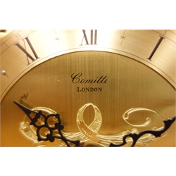  Comitti of London mahogany cased bracket clock, square brass dial with silvered Roman chapter, triple train Franz Hermle movement  No.340-020A Westminster chiming the quarter hours on rods, clock No.COllCH, with original key, swing ticket and instructions, purchased 29/7/98, H30cm  