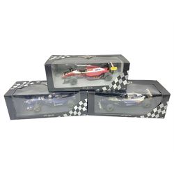 Three Paul's Model Art Grand Prix 1:18 scale die-cast racing cars - Williams Renault FW17 D. Hill; Ferrari 412 T1 J. Alesi; and Ligier Honda JS41 M. Brundle; all boxed (3)