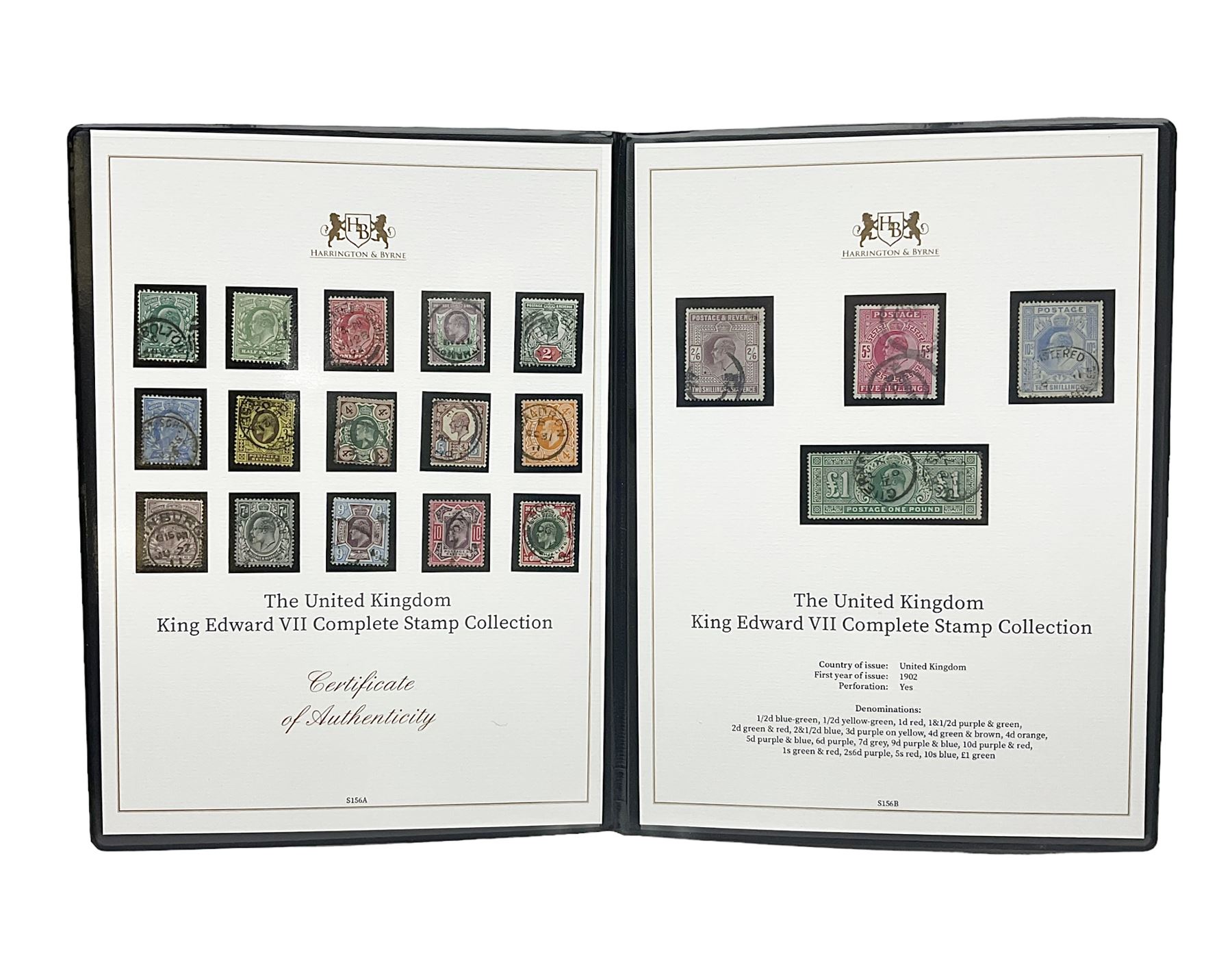 Great Britain King Edward VII one pound green stamp, two shillings sixpence purple, five shillings red, ten shillings blue etc, forming 'The United Kingdom King Edward VII Complete Stamp Collection', all used, previously mounted, housed in a Harrington and Byre folder