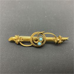 Edwardian 9ct gold turquoise shamrock brooch, together with three pearl necklaces, a coral necklace and a silver flat curb link chain
