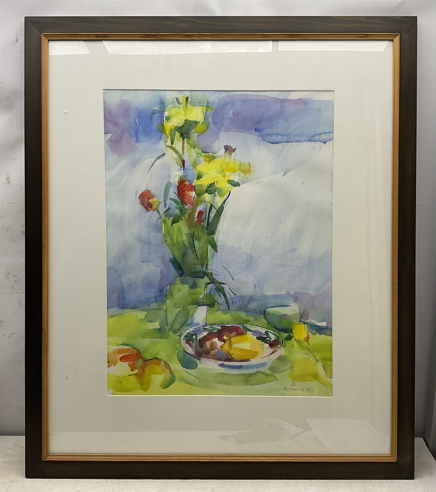 Roy Freer (British 1938-): 'Yellow Flowers/Green', watercolour signed and dated '88, titled verso 66cm x 49cm 