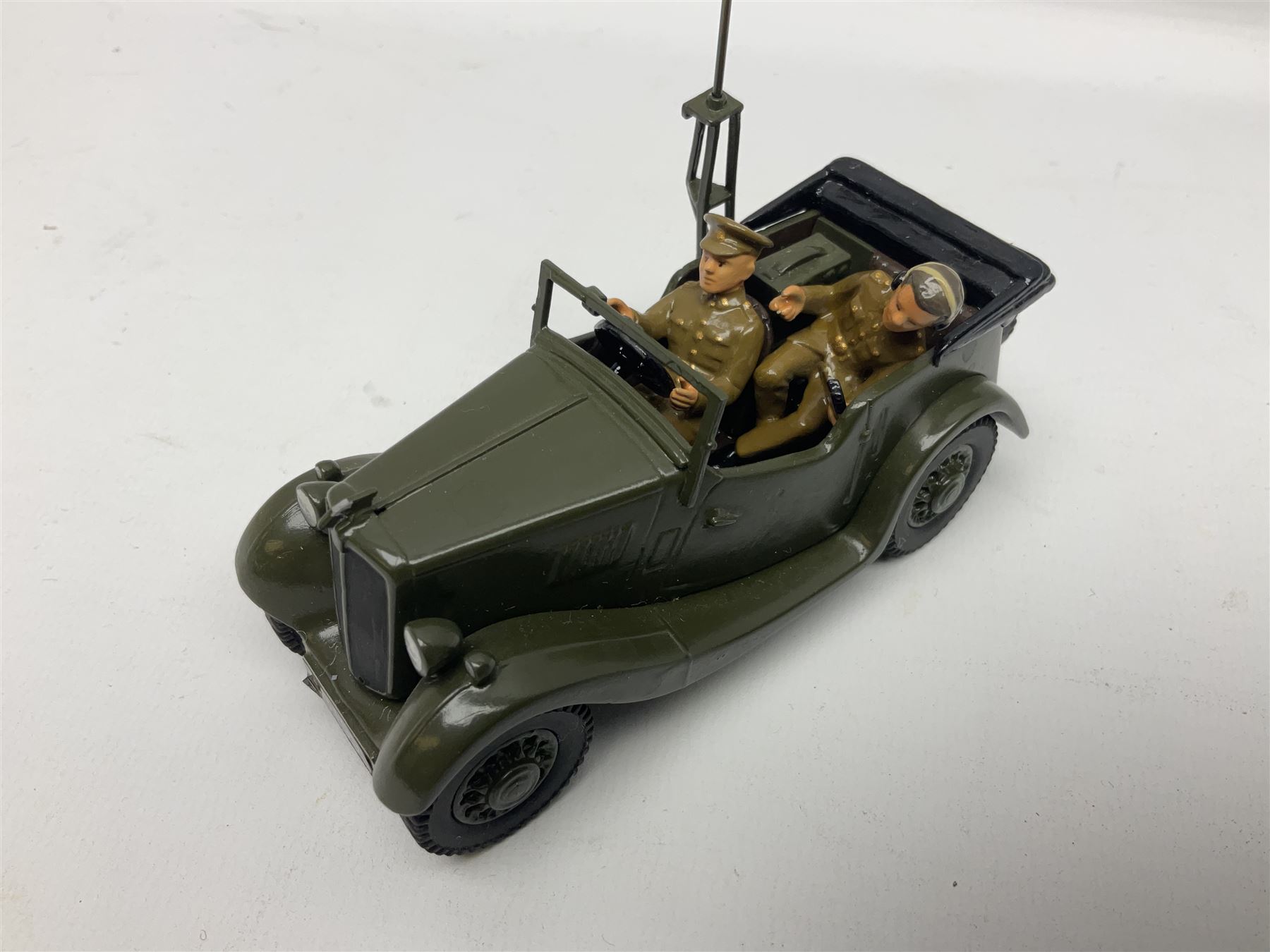 CJB Morris Military Field Wireless car with antenna, driver and operator L11cm; CJB Military covered wagon with two figures; and CJB maroon and white painted flat-bed truck with driver (3)