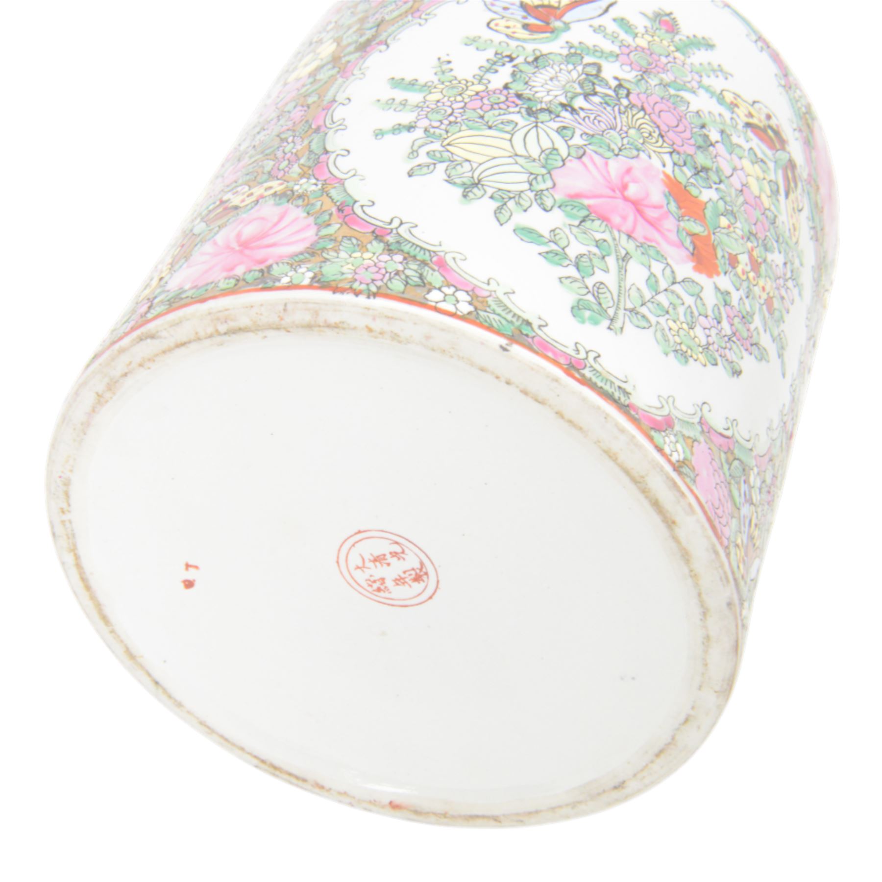 Two Canton famille rose ginger jars and covers, one decorated with birds in blossoming branches, the other with figures in a temple, together with one other jar, H30cm