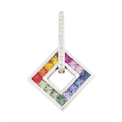 9ct white gold rainbow sapphire and diamond square pendant, channel set with sixteen squar...