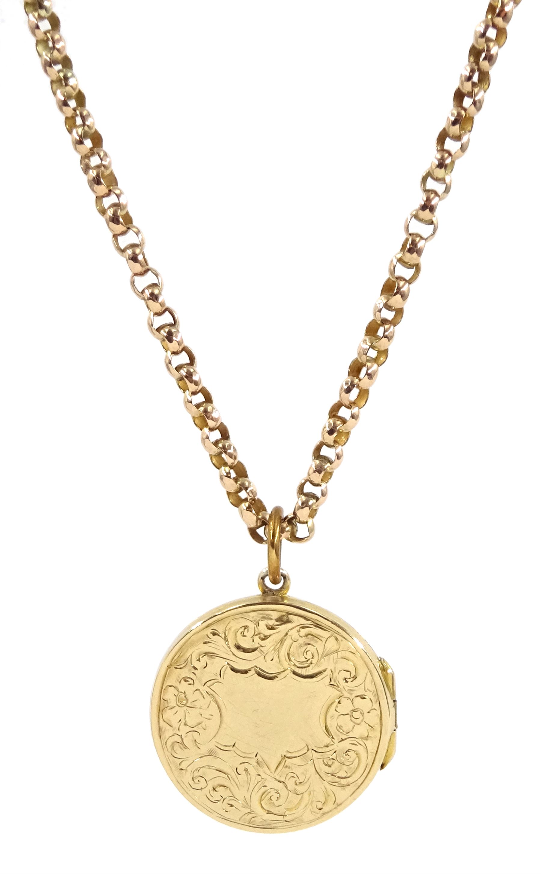 Early 20th century 9ct gold locket pendant with engraved decoration by Henry Matthews, on gold belcher link necklace, stamped 9c