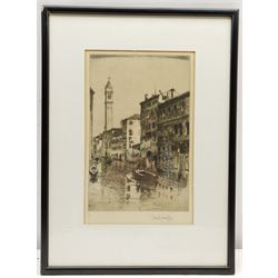Alexander Cameron (British exh.1921-1929): Coastal Views and Cobblestone Alley, three etchings signed max 11cm x 15cm; Stuart Johnston (British 20th century): Gondoliers Down a Venetian Canal, etching signed and numbered 3, 28cm x 18cm; together with three further etchings by Arthur J Cherry, max 13cm x 9cm (7)