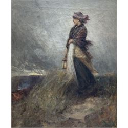 Robert Jobling (Staithes Group 1841-1923): Fisher Girl standing on the Lookout Staithes, oil on canvas signed 60cm x 50cm